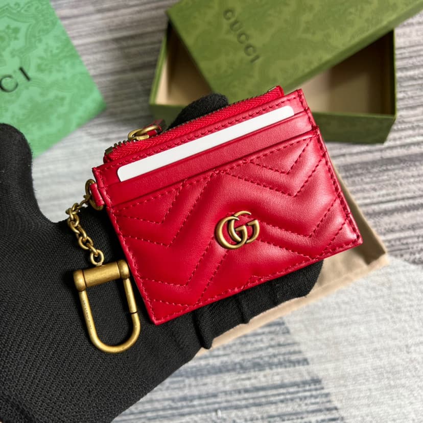 Gucci GG Marmont Keychain Wallet Black/Beige/ Red For Women 627064 DTDHT 1000 3.9 in/ 10 cm
