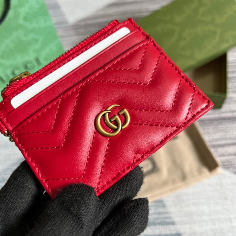 Gucci GG Marmont Keychain Wallet Black/Beige/ Red For Women 627064 DTDHT 1000 3.9 in/ 10 cm