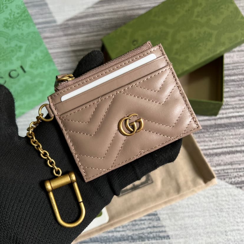 Gucci GG Marmont Keychain Wallet Black/Beige/ Red For Women 627064 DTDHT 1000 3.9 in/ 10 cm