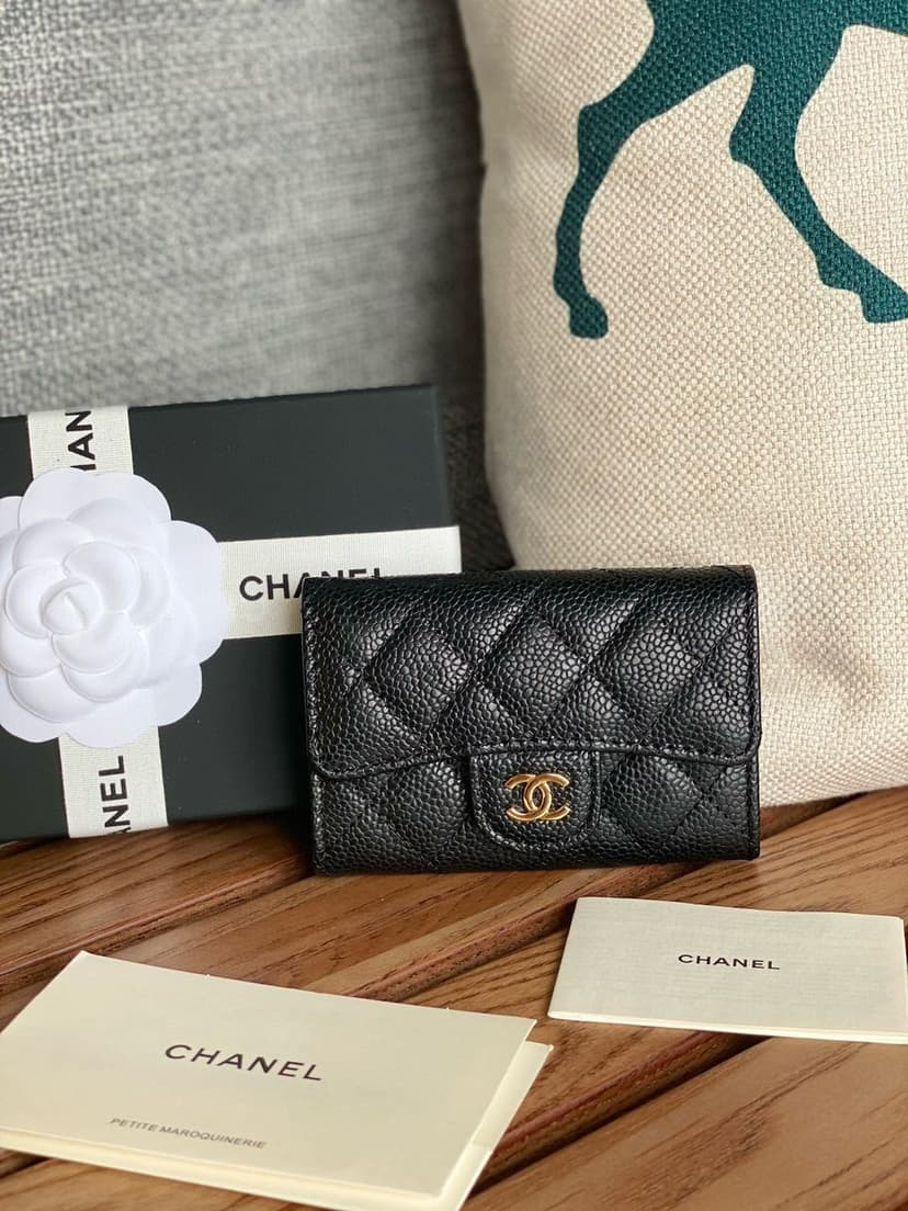 Chanel Classic Card Holder Gold Black For Women, Women’s Wallet 4.5in/11.5cm