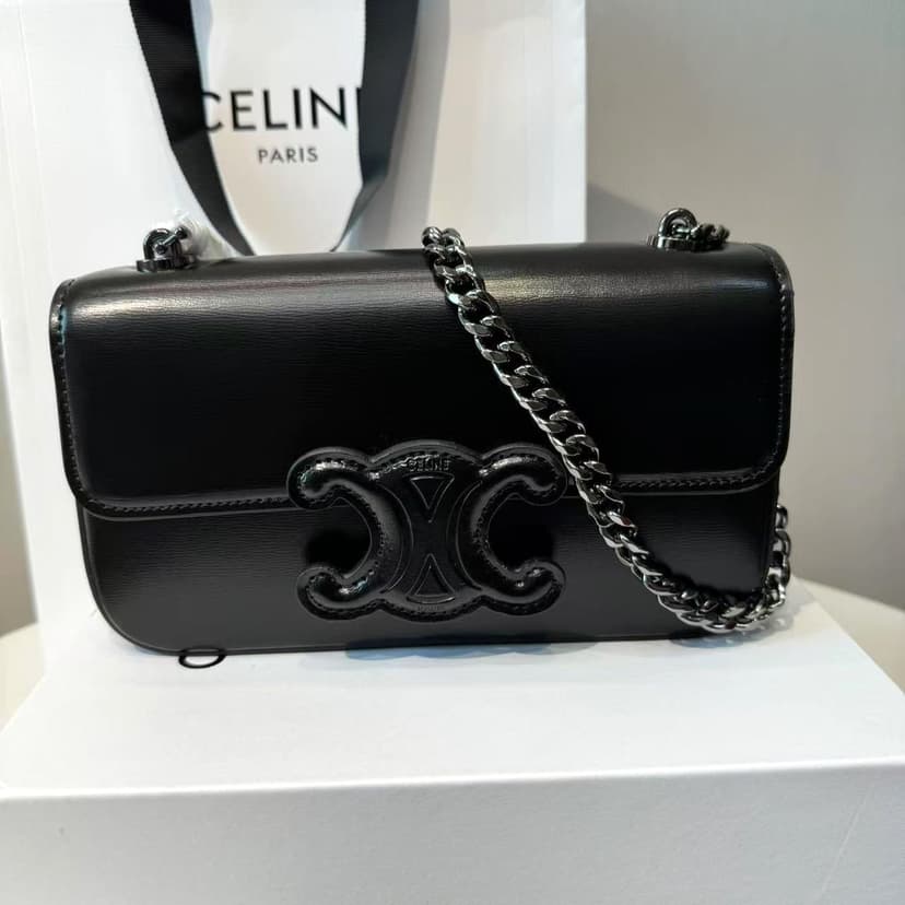 Celine Chain Shoulder Bag Triomphe Black For Women 8in/20.5cm 197993EQJ.38NN