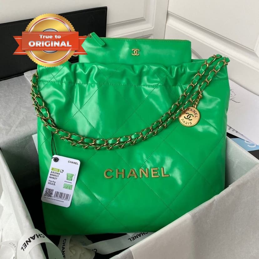 Chanel 22 Handbag Gold Hardware Shiny Green For Women, Women's Handbags, Shoulder Bags 16.5in/38cm AS3261