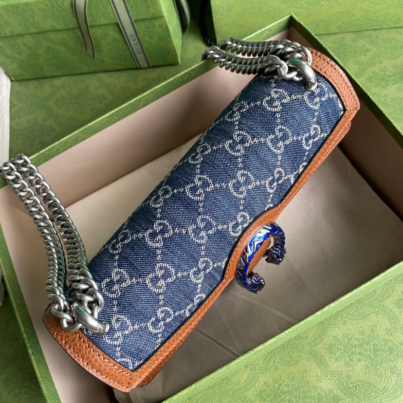 Gucci Dionysus Small Shoulder Bag Dark Blue And Ivory Eco Washed Organic GG Jacquard Deni For Women 11in/28cm 400249 2KQFN 4483