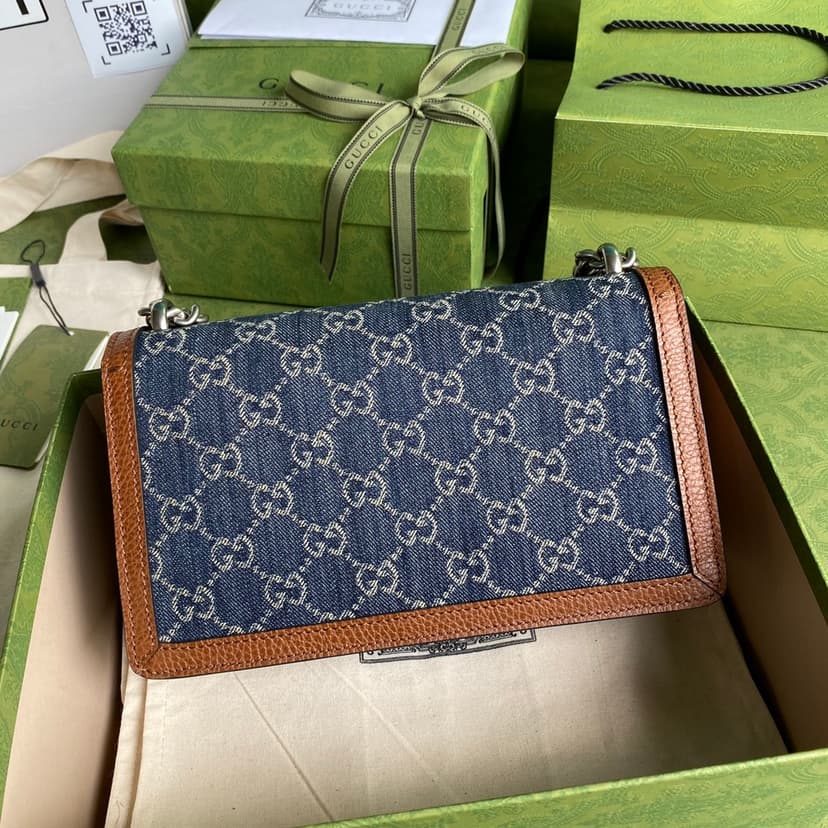Gucci Dionysus Small Shoulder Bag Dark Blue And Ivory Eco Washed Organic GG Jacquard Deni For Women 11in/28cm 400249 2KQFN 4483