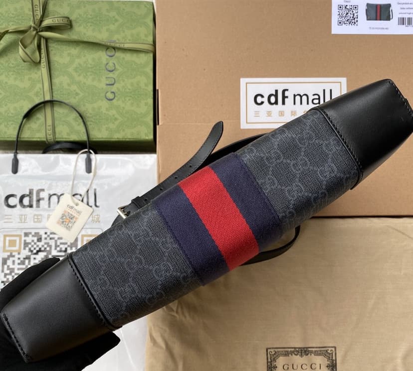 Gucci Black Messenger Black/Grey GG Supreme Canvas Blue And Red Web For Men 14in/35cm 474139 K5ICN 1095