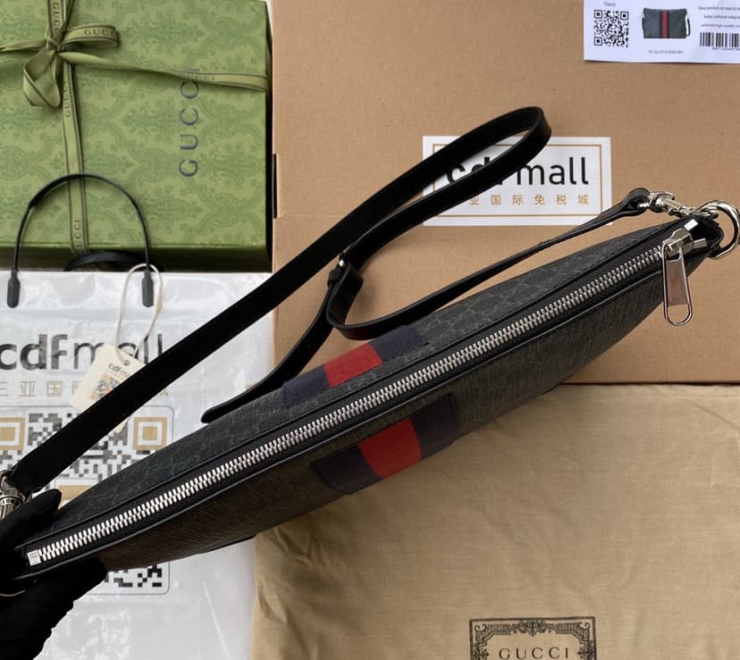Gucci Black Messenger Black/Grey GG Supreme Canvas Blue And Red Web For Men 14in/35cm 474139 K5ICN 1095