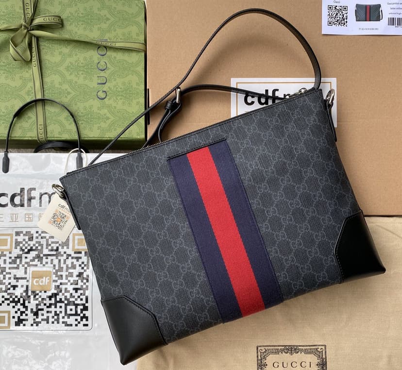 Gucci Black Messenger Black/Grey GG Supreme Canvas Blue And Red Web For Men 14in/35cm 474139 K5ICN 1095