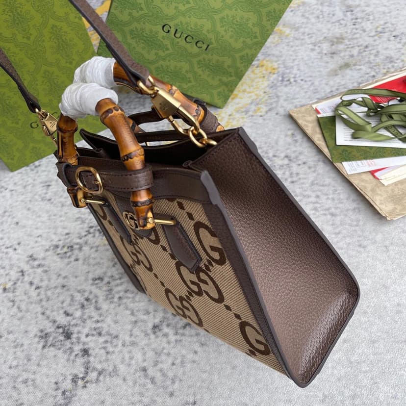 Gucci Diana Jumbo GG Small Tote Bag Camel And Ebony Jumbo GG Canvas Brown For Women 11in/28cm 660195 UKMFT 2672