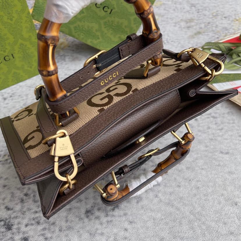 Gucci Diana Jumbo GG Small Tote Bag Camel And Ebony Jumbo GG Canvas Brown For Women 11in/28cm 660195 UKMFT 2672