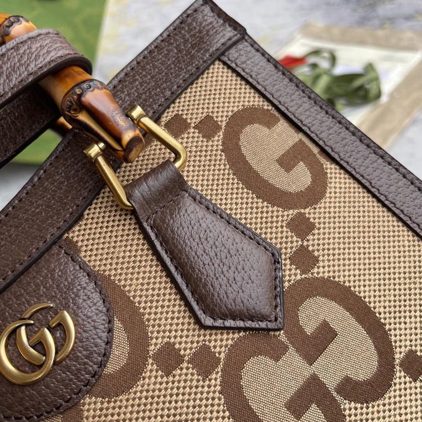 Gucci Diana Jumbo GG Small Tote Bag Camel And Ebony Jumbo GG Canvas Brown For Women 11in/28cm 660195 UKMFT 2672