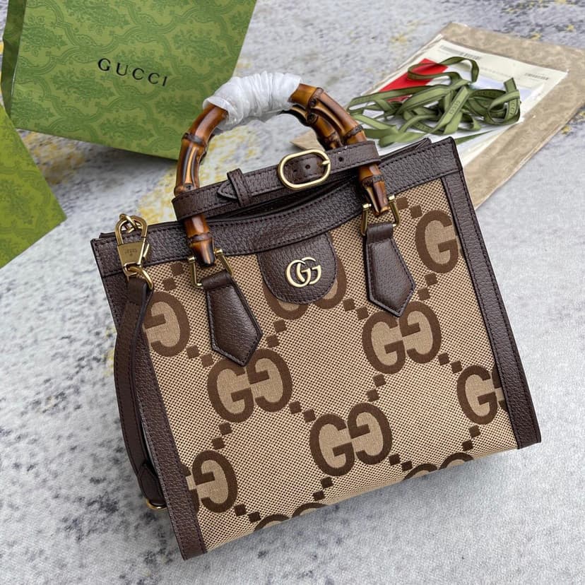 Gucci Diana Jumbo GG Small Tote Bag Camel And Ebony Jumbo GG Canvas Brown For Women 11in/28cm 660195 UKMFT 2672