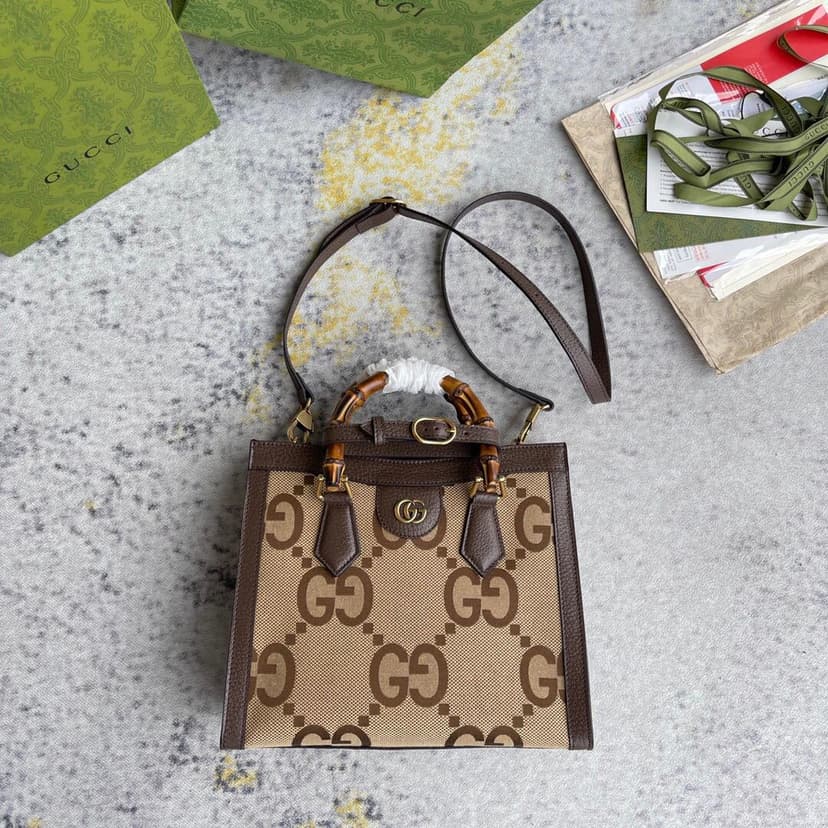 Gucci Diana Jumbo GG Small Tote Bag Camel And Ebony Jumbo GG Canvas Brown For Women 11in/28cm 660195 UKMFT 2672