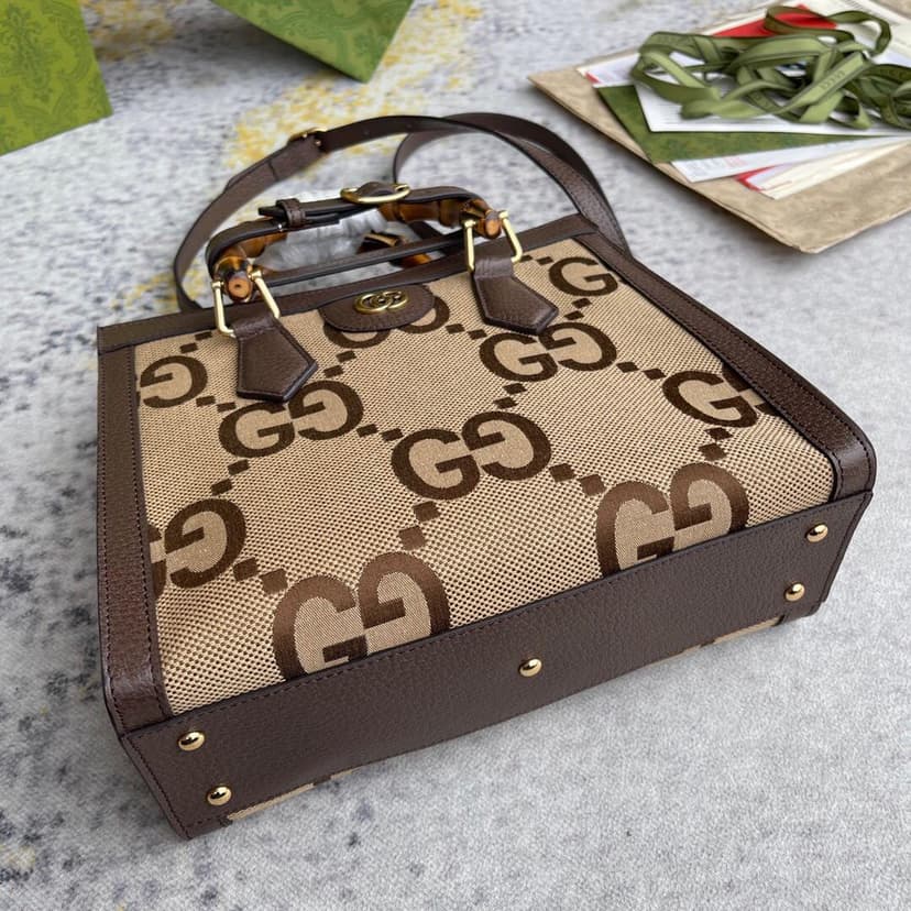 Gucci Diana Jumbo GG Small Tote Bag Camel And Ebony Jumbo GG Canvas Brown For Women 11in/28cm 660195 UKMFT 2672