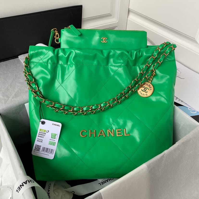 Chanel 22 Handbag Gold Hardware Shiny Green For Women, Women's Handbags, Shoulder Bags 16.5in/38cm AS3261