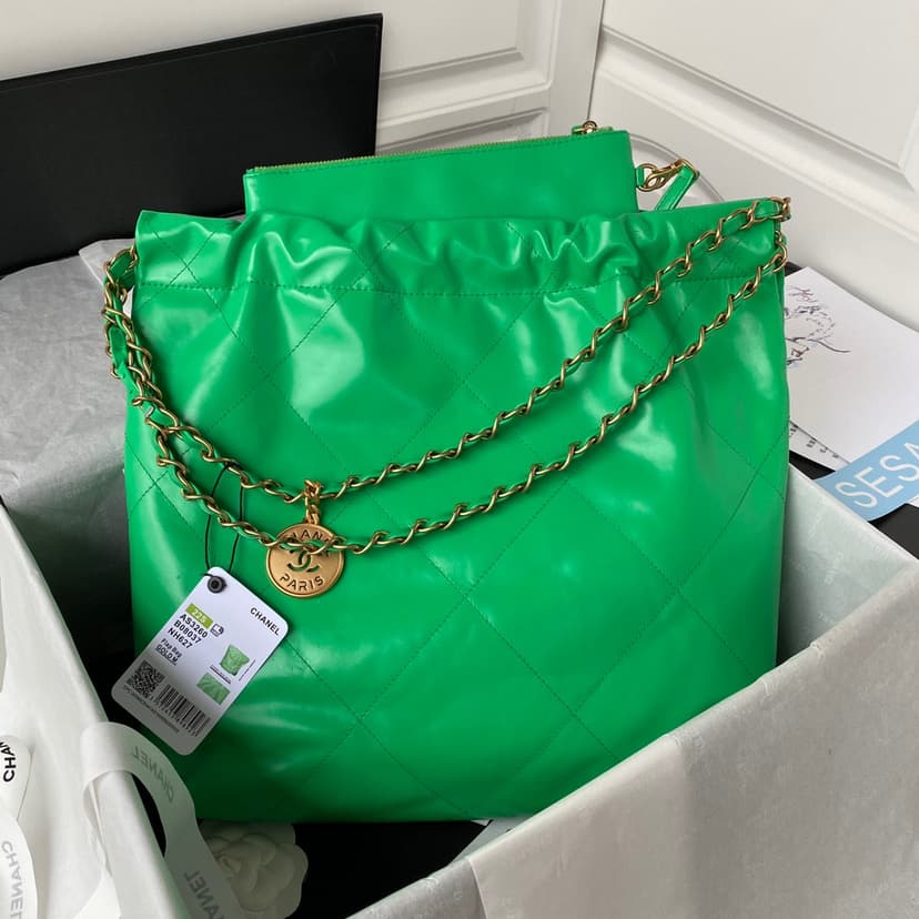 Chanel 22 Handbag Gold Hardware Shiny Green For Women, Women's Handbags, Shoulder Bags 16.5in/38cm AS3261