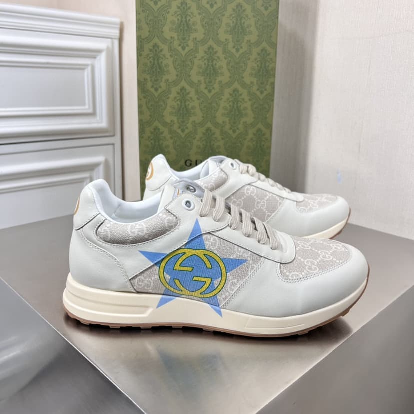 Gucci Men's GG Star Print Sneaker Light Blue Gray For Men GG Shoes 669582