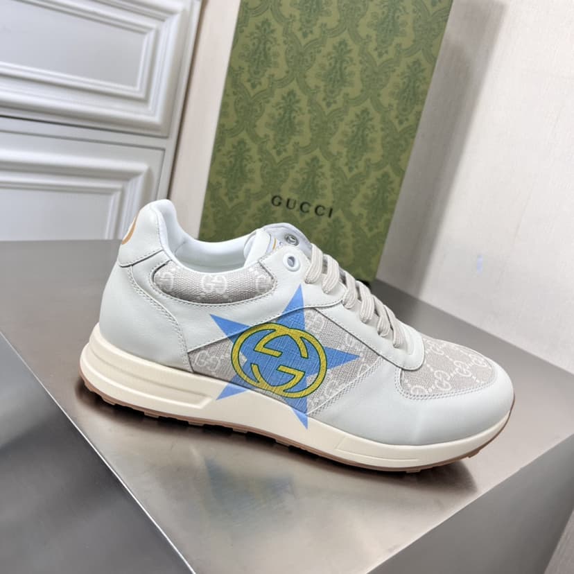 Gucci Men's GG Star Print Sneaker Light Blue Gray For Men GG Shoes 669582